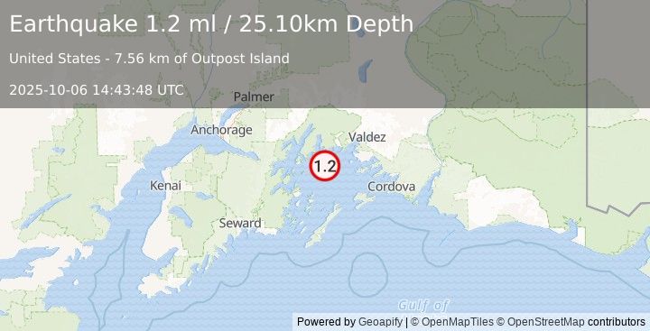 Earthquake 38 km WSW of Tatitlek, Alaska (1.2 ml) (2025-10-06 14:43:48 UTC)