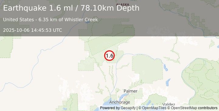 Earthquake 34 km NNE of Petersville, Alaska (1.9 ml) (2025-10-06 14:45:52 UTC)