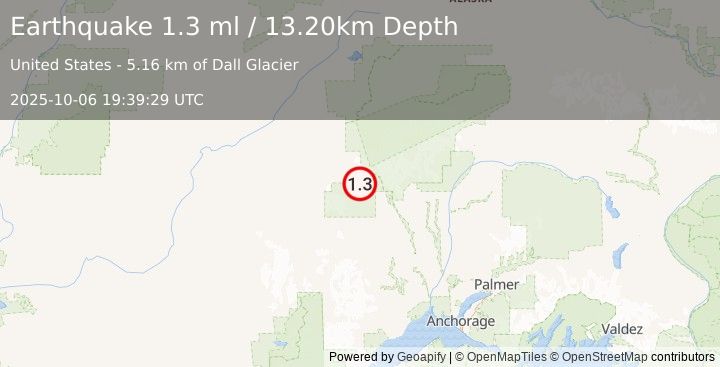 Earthquake 70 km WNW of Petersville, Alaska (1.3 ml) (2025-10-06 19:39:29 UTC)
