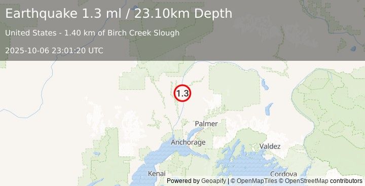 Earthquake 11 km S of Talkeetna, Alaska (1.3 ml) (2025-10-06 23:01:20 UTC)