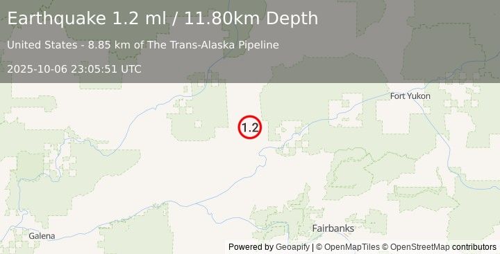 Earthquake 59 km WNW of Stevens Village, Alaska (1.2 ml) (2025-10-06 23:05:51 UTC)