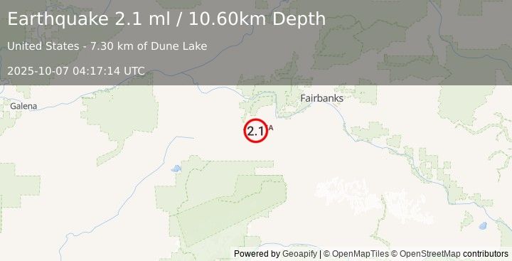 Earthquake 28 km WNW of Anderson, Alaska (2.1 ml) (2025-10-07 04:17:14 UTC)