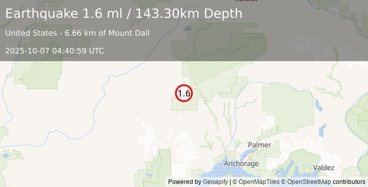 Earthquake 83 km W of Petersville, Alaska (1.6 ml) (2025-10-07 04:40:59 UTC)