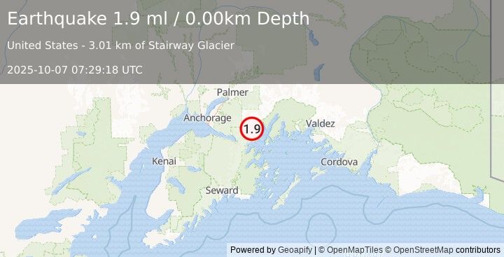 Earthquake 32 km NNE of Whittier, Alaska (1.9 ml) (2025-10-07 07:29:18 UTC)