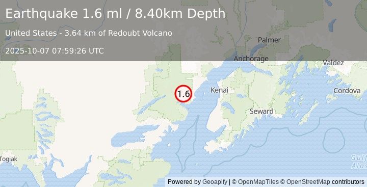 Earthquake 78 km NW of Ninilchik, Alaska (1.6 ml) (2025-10-07 07:59:26 UTC)