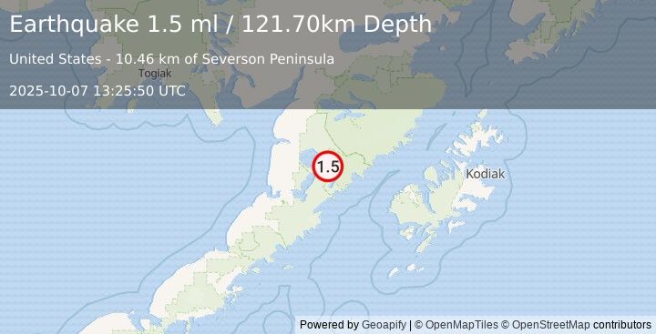 Earthquake 79 km ESE of Egegik, Alaska (1.5 ml) (2025-10-07 13:25:50 UTC)