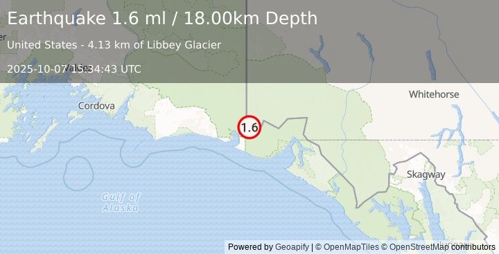 Earthquake 98 km NW of Yakutat, Alaska (1.6 ml) (2025-10-07 15:34:43 UTC)