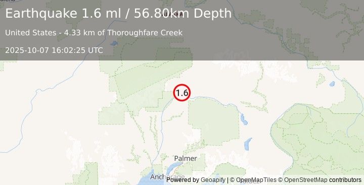 Earthquake 53 km SSW of Cantwell, Alaska (1.6 ml) (2025-10-07 16:02:25 UTC)