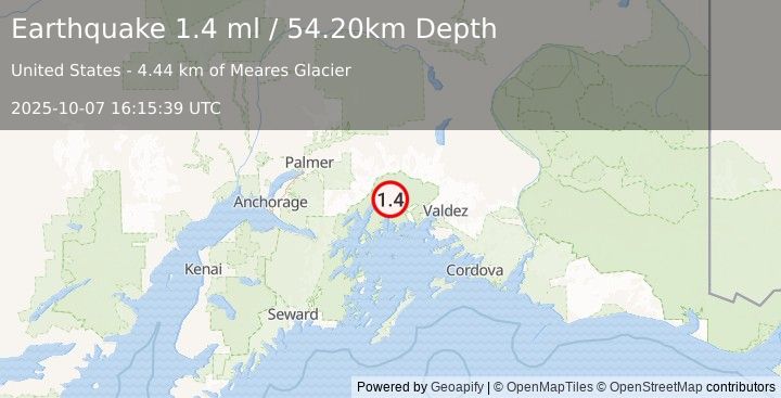 Earthquake 59 km NW of Tatitlek, Alaska (1.4 ml) (2025-10-07 16:15:39 UTC)