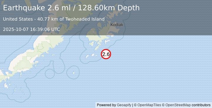 Earthquake 67 km S of Old Harbor, Alaska (2.6 ml) (2025-10-07 16:39:06 UTC)