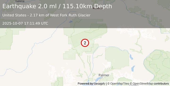 Earthquake 56 km N of Petersville, Alaska (2.0 ml) (2025-10-07 17:11:49 UTC)