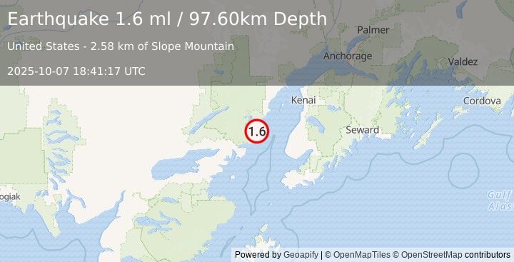 Earthquake 55 km WNW of Happy Valley, Alaska (1.6 ml) (2025-10-07 18:41:17 UTC)