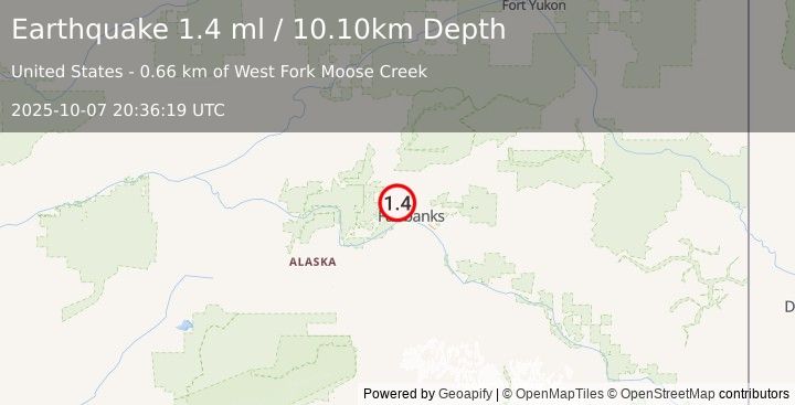 Earthquake 11 km N of Ester, Alaska (1.4 ml) (2025-10-07 20:36:19 UTC)