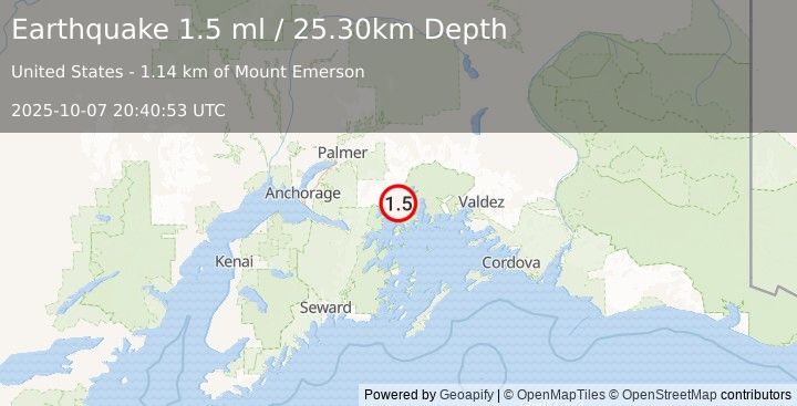 Earthquake 53 km NE of Whittier, Alaska (1.5 ml) (2025-10-07 20:40:53 UTC)