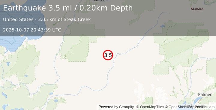 Earthquake 8 km SW of Takotna, Alaska (3.5 ml) (2025-10-07 20:43:39 UTC)