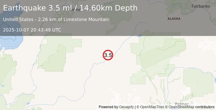 Earthquake 29 km NNW of Nikolai, Alaska (3.2 ml) (2025-10-07 20:43:50 UTC)