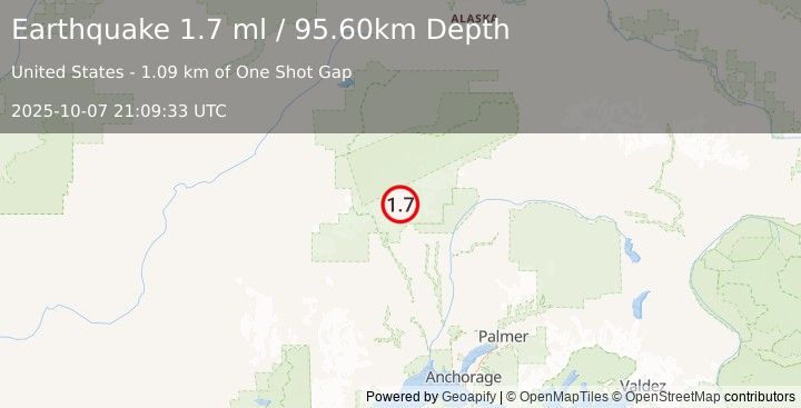 Earthquake 40 km NNW of Petersville, Alaska (1.7 ml) (2025-10-07 21:09:33 UTC)
