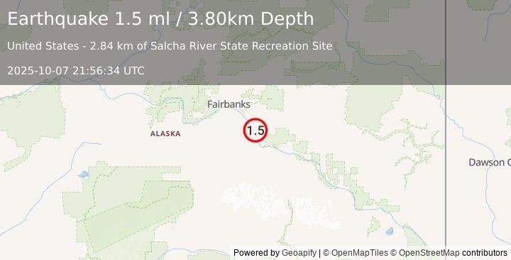 Earthquake 3 km S of Salcha, Alaska (1.5 ml) (2025-10-07 21:56:34 UTC)