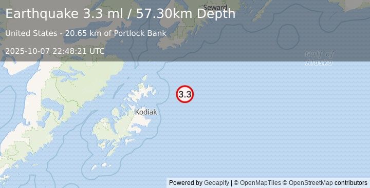 Earthquake 108 km ENE of Ouzinkie, Alaska (3.3 ml) (2025-10-07 22:48:21 UTC)