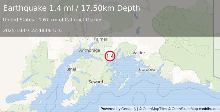 Earthquake 30 km NNE of Whittier, Alaska (1.4 ml) (2025-10-07 22:48:08 UTC)