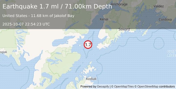 Earthquake 44 km W of Nanwalek, Alaska (1.7 ml) (2025-10-07 22:54:23 UTC)