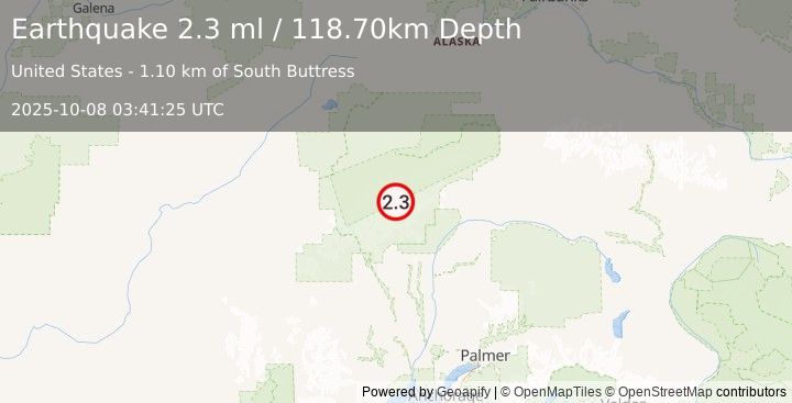 Earthquake 59 km N of Petersville, Alaska (2.3 ml) (2025-10-08 03:41:25 UTC)