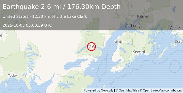 Earthquake 44 km ENE of Port Alsworth, Alaska (2.6 ml) (2025-10-08 05:00:59 UTC)