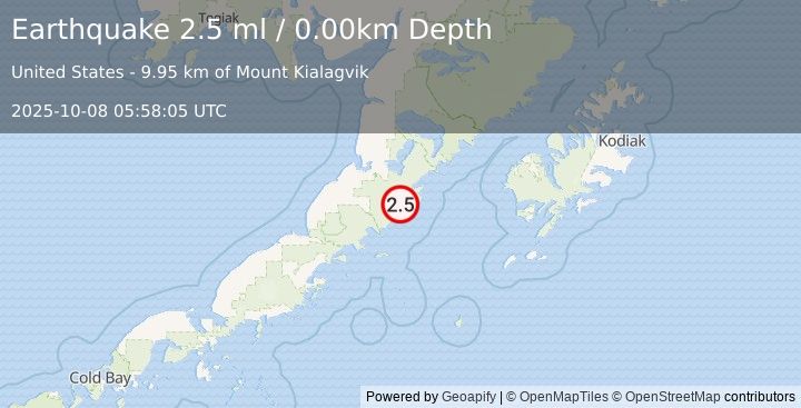 Earthquake 57 km SE of Ugashik, Alaska (2.5 ml) (2025-10-08 05:58:05 UTC)