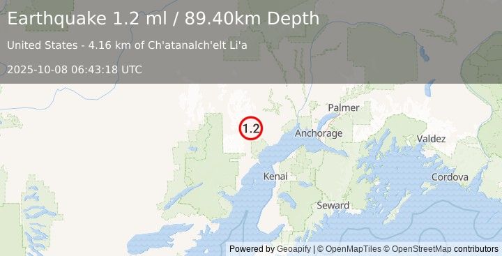 Earthquake 53 km WNW of Beluga, Alaska (1.2 ml) (2025-10-08 06:43:18 UTC)