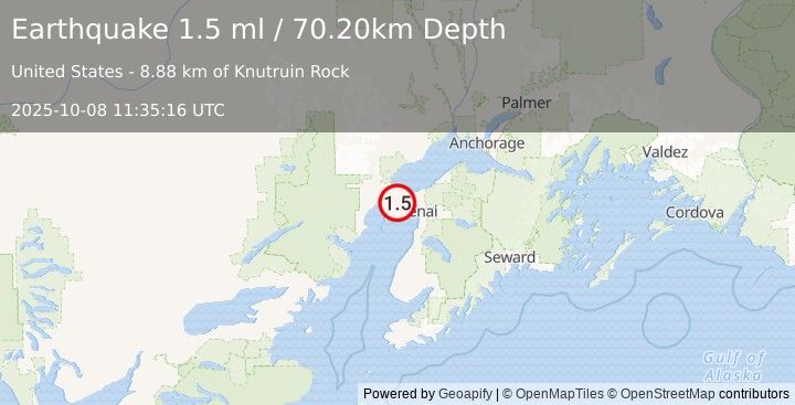 Earthquake 19 km W of Salamatof, Alaska (1.5 ml) (2025-10-08 11:35:16 UTC)