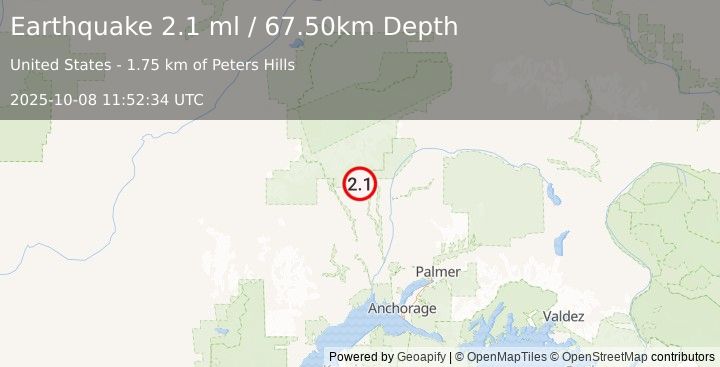 Earthquake 4 km WNW of Petersville, Alaska (2.1 ml) (2025-10-08 11:52:35 UTC)
