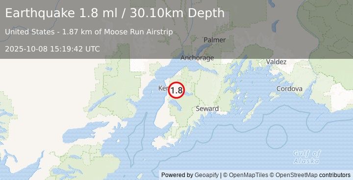 Earthquake 3 km WNW of Funny River, Alaska (1.8 ml) (2025-10-08 15:19:42 UTC)