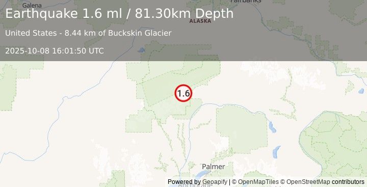 Earthquake 65 km NNE of Petersville, Alaska (1.6 ml) (2025-10-08 16:01:50 UTC)