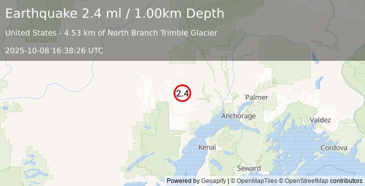 Earthquake 59 km SW of Skwentna, Alaska (2.4 ml) (2025-10-08 16:38:26 UTC)