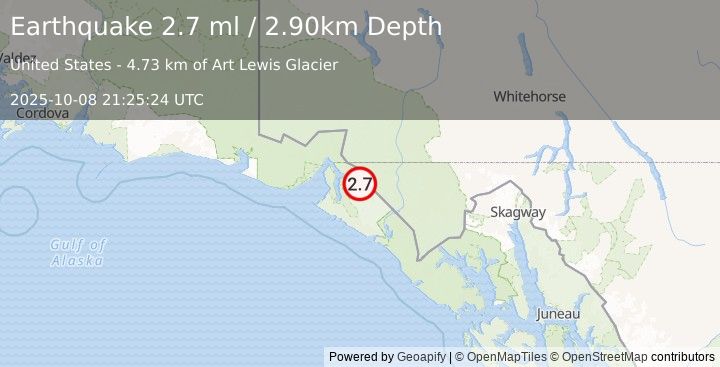 Earthquake 58 km ENE of Yakutat, Alaska (2.7 ml) (2025-10-08 21:25:24 UTC)