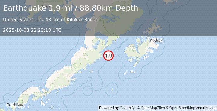 Earthquake 95 km WSW of Karluk, Alaska (1.9 ml) (2025-10-08 22:23:18 UTC)