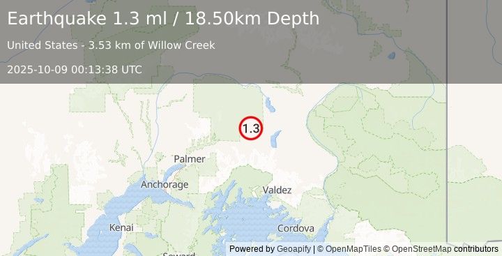 Earthquake 13 km N of Eureka Roadhouse, Alaska (1.3 ml) (2025-10-09 00:13:38 UTC)