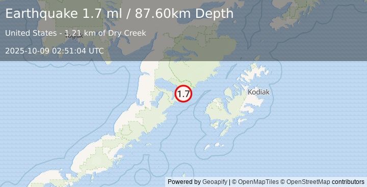 Earthquake 73 km WNW of Karluk, Alaska (1.7 ml) (2025-10-09 02:51:04 UTC)