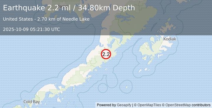 Earthquake 39 km SSE of Ugashik, Alaska (2.2 ml) (2025-10-09 05:21:30 UTC)