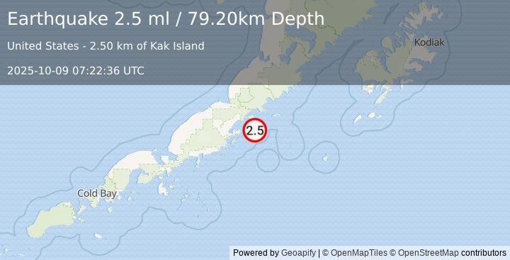 Earthquake 53 km ESE of Chignik, Alaska (2.6 ml) (2025-10-09 07:22:35 UTC)