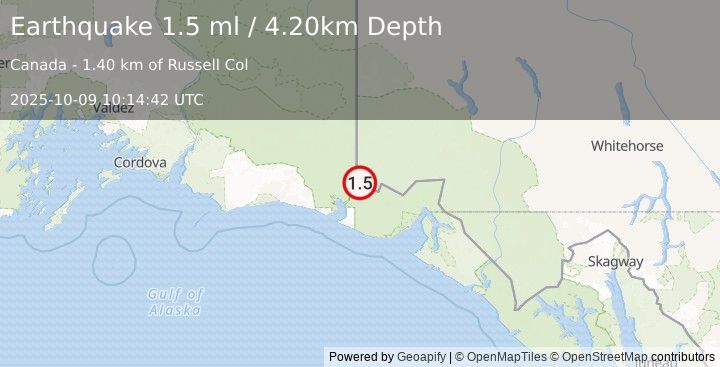 Earthquake 108 km NW of Yakutat, Alaska (1.5 ml) (2025-10-09 10:14:42 UTC)