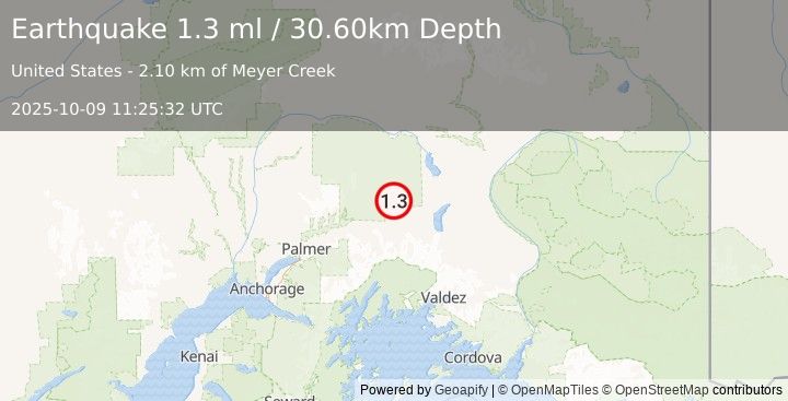Earthquake 15 km NW of Eureka Roadhouse, Alaska (1.3 ml) (2025-10-09 11:25:32 UTC)