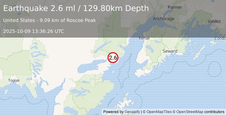 Earthquake 53 km ENE of Pedro Bay, Alaska (2.6 ml) (2025-10-09 13:36:26 UTC)
