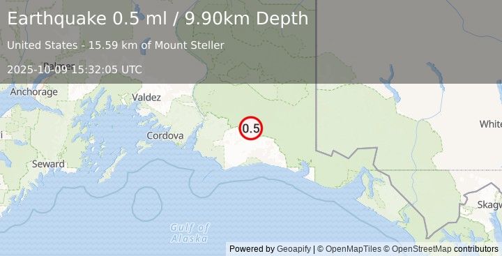 Earthquake 86 km S of McCarthy, Alaska (0.5 ml) (2025-10-09 15:32:05 UTC)