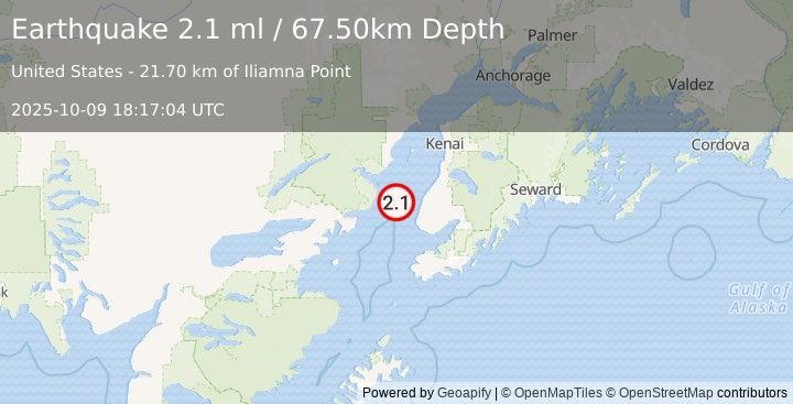 Earthquake 26 km W of Happy Valley, Alaska (2.2 ml) (2025-10-09 18:17:03 UTC)