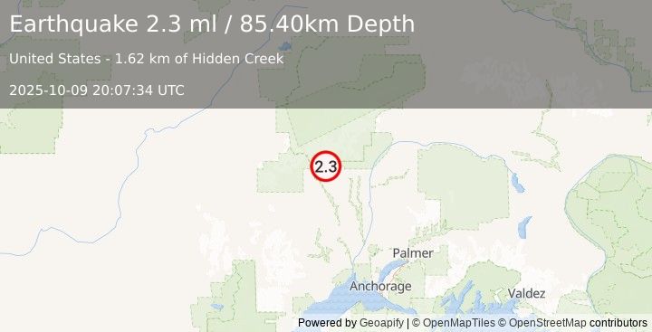 Earthquake 25 km WNW of Petersville, Alaska (2.4 ml) (2025-10-09 20:07:35 UTC)