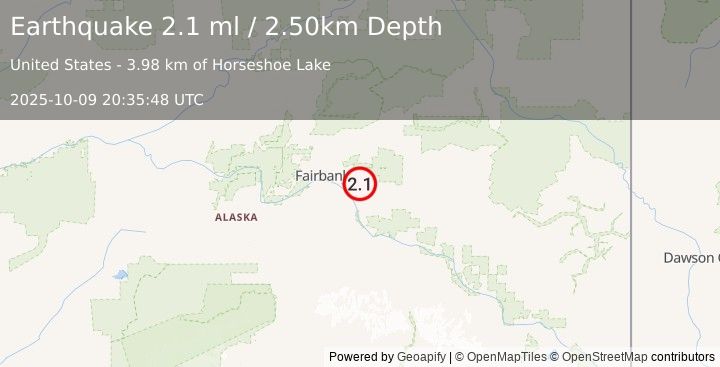Earthquake 10 km ENE of Moose Creek, Alaska (2.1 ml) (2025-10-09 20:35:48 UTC)