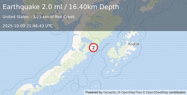 Earthquake 86 km W of Karluk, Alaska (1.9 ml) (2025-10-09 21:46:44 UTC)