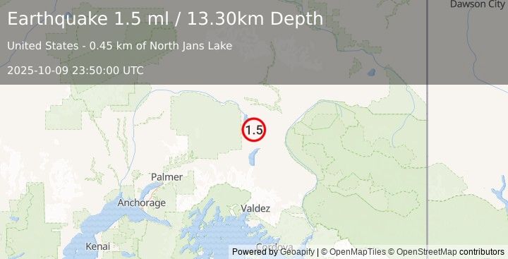 Earthquake 8 km E of Lake Louise, Alaska (1.5 ml) (2025-10-09 23:50:00 UTC)
