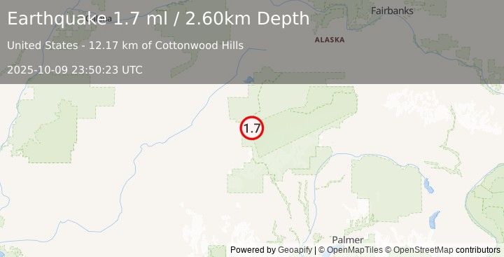 Earthquake 41 km SSW of Denali National Park, Alaska (1.7 ml) (2025-10-09 23:50:23 UTC)